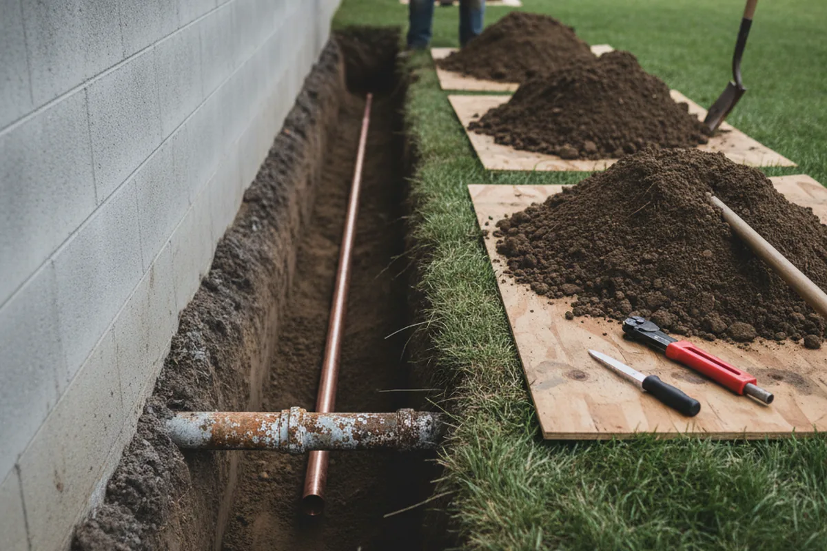 Excavated water line trench during Water Softener Installation in West College Corner